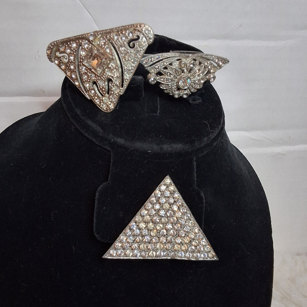 Vintage Rhinestone Dress Clips Triangle Clip Set Bridal Glam Old Hollywood - Picture 3 of 16
